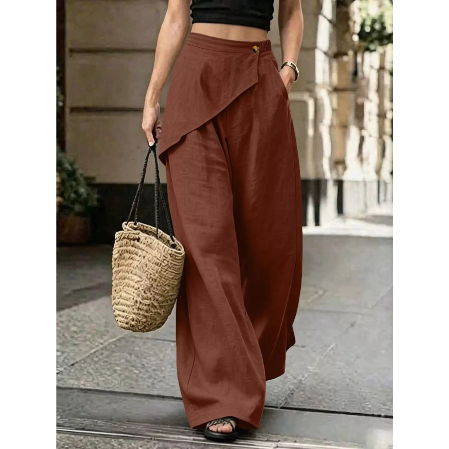 Asymmetrical Wrap Wide-Leg Pants Brown / S Apparel and Accessories