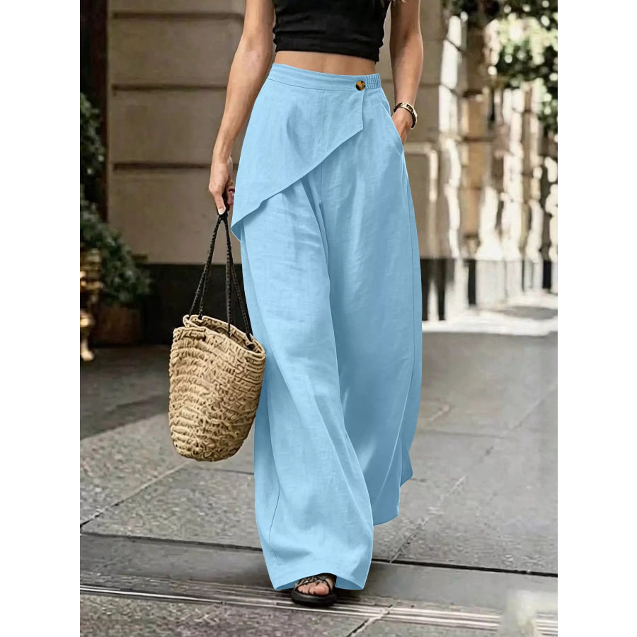 Asymmetrical Wrap Wide-Leg Pants Light Blue / S Apparel and Accessories