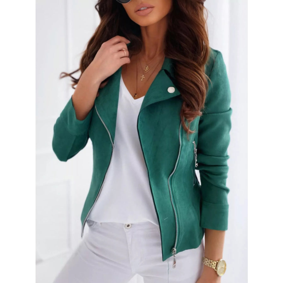 Asymmetrical Zip Long Sleeve Jacket Dark Green / S Apparel and Accessories