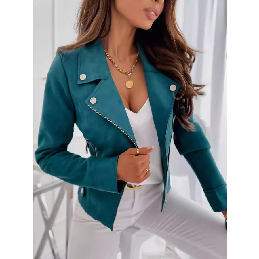 Asymmetrical Zip Long Sleeve Jacket Deep Teal / S Apparel and Accessories