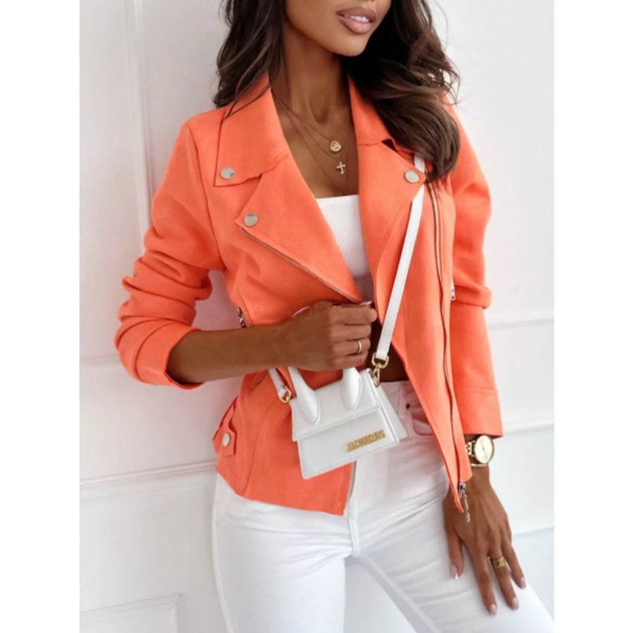 Asymmetrical Zip Long Sleeve Jacket Tangerine / S Apparel and Accessories