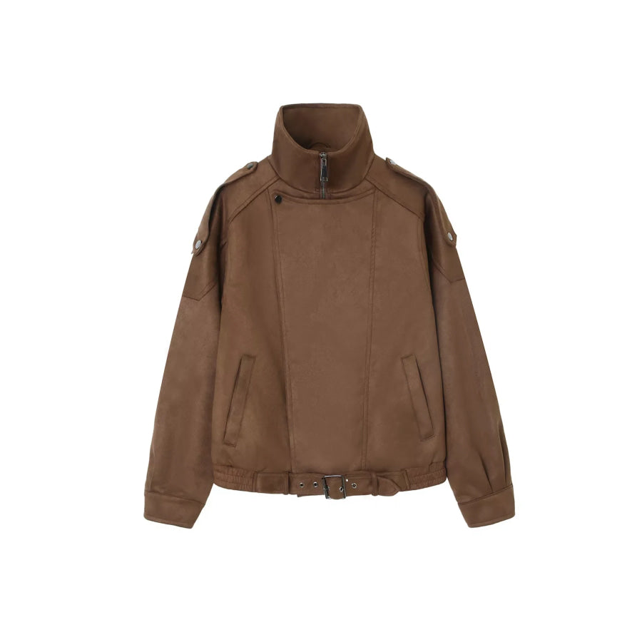 Asymmetrical Zipper Moto Jacket with Belt Detail Apparel and Accessories