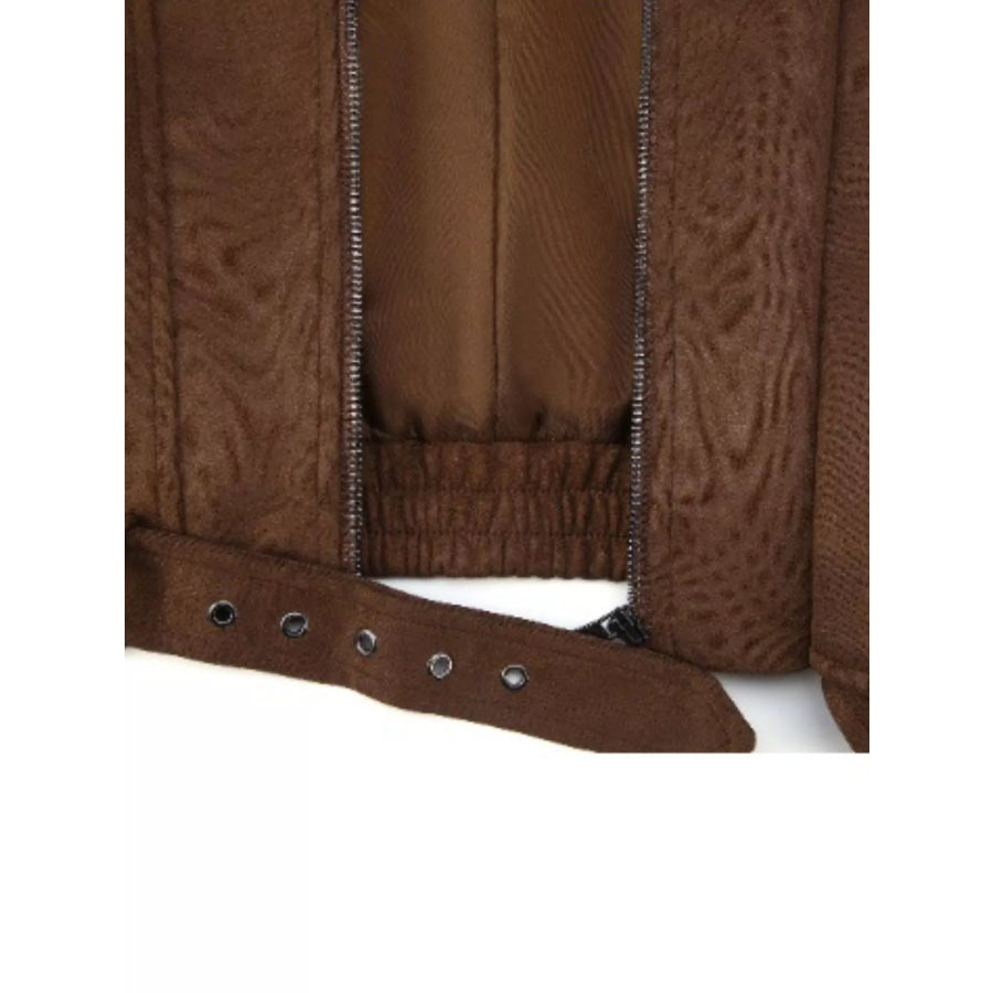 Asymmetrical Zipper Moto Jacket with Belt Detail Apparel and Accessories