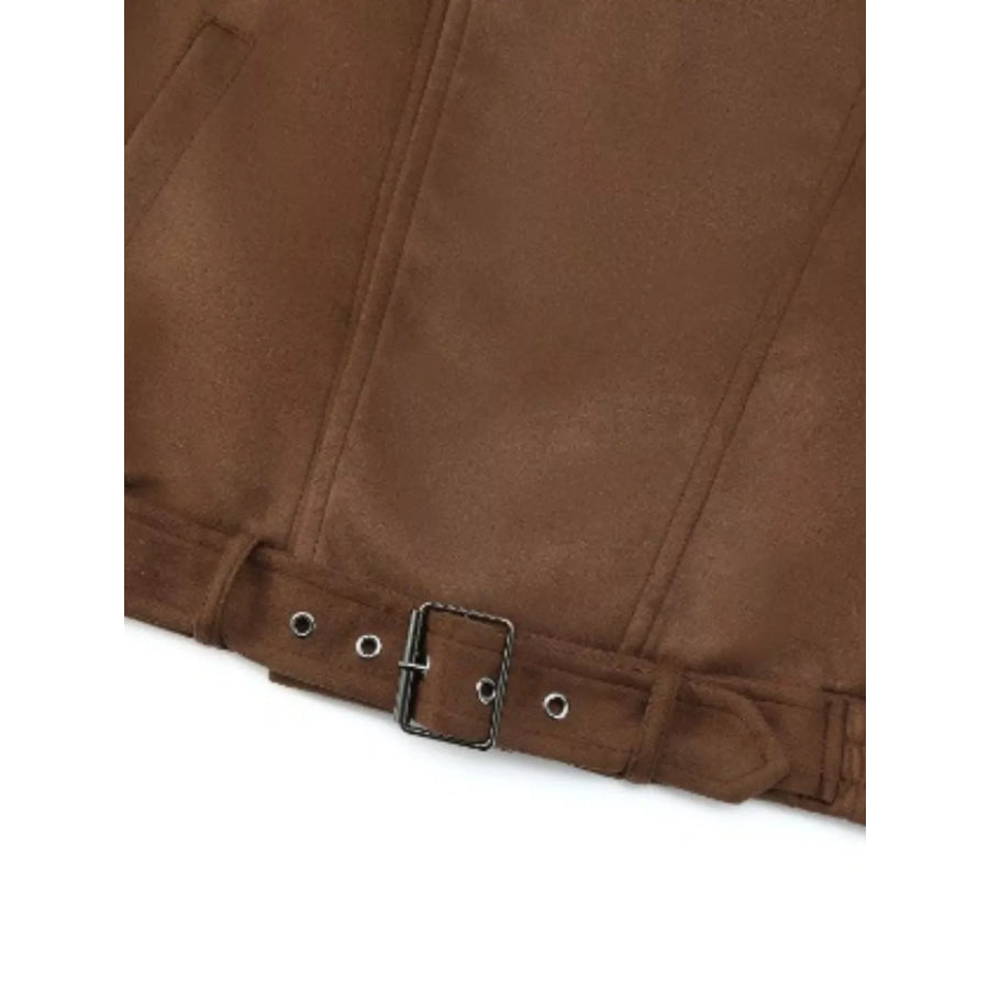 Asymmetrical Zipper Moto Jacket with Belt Detail Apparel and Accessories