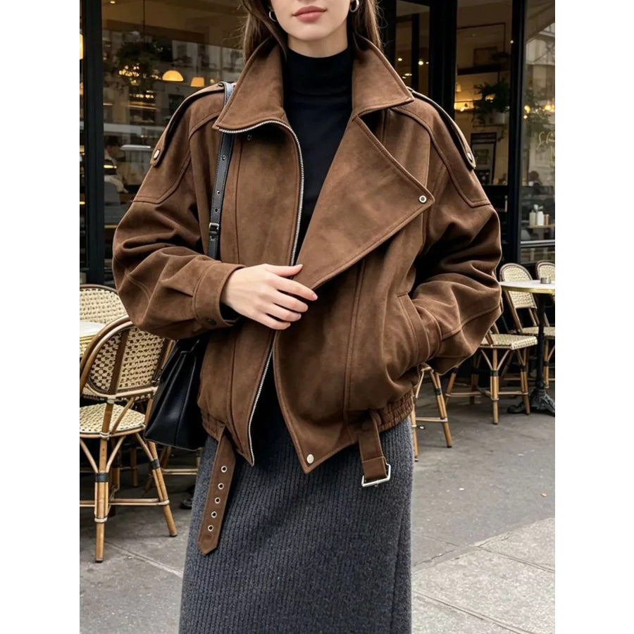 Asymmetrical Zipper Moto Jacket with Belt Detail Brown / S Apparel and Accessories
