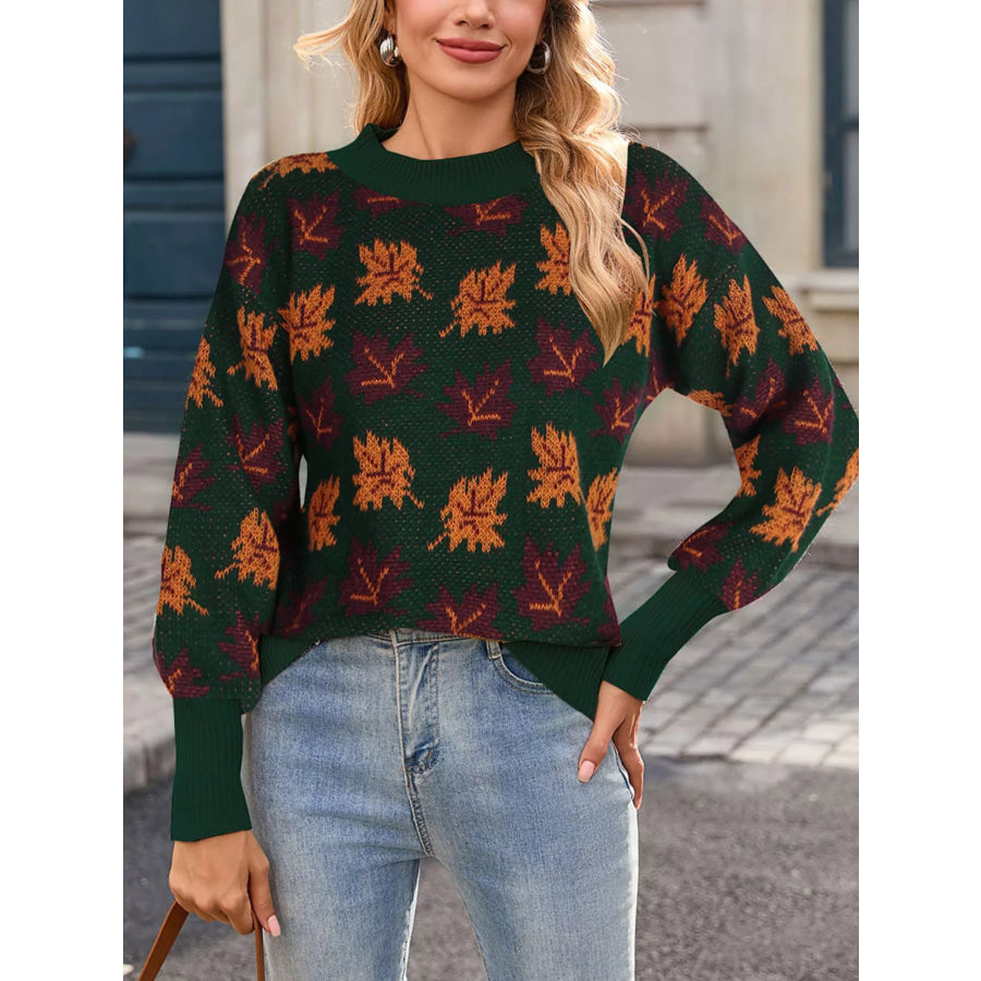 Autumn Leaf Pattern Mock Neck Sweater Apparel and Accessories