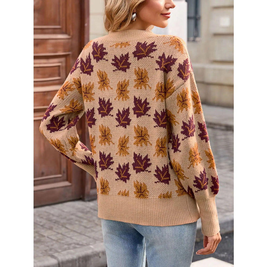 Autumn Leaf Pattern Mock Neck Sweater Apparel and Accessories