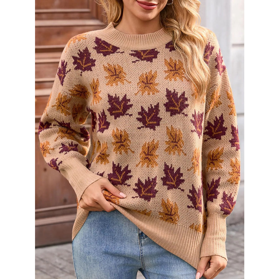 Autumn Leaf Pattern Mock Neck Sweater Apparel and Accessories