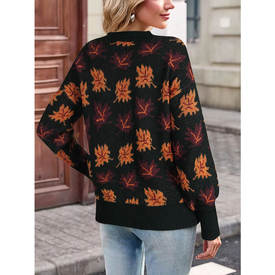 Autumn Leaf Pattern Mock Neck Sweater Apparel and Accessories