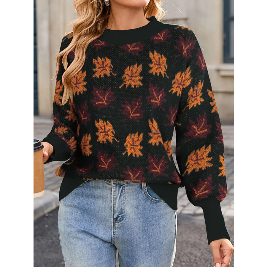 Autumn Leaf Pattern Mock Neck Sweater Apparel and Accessories