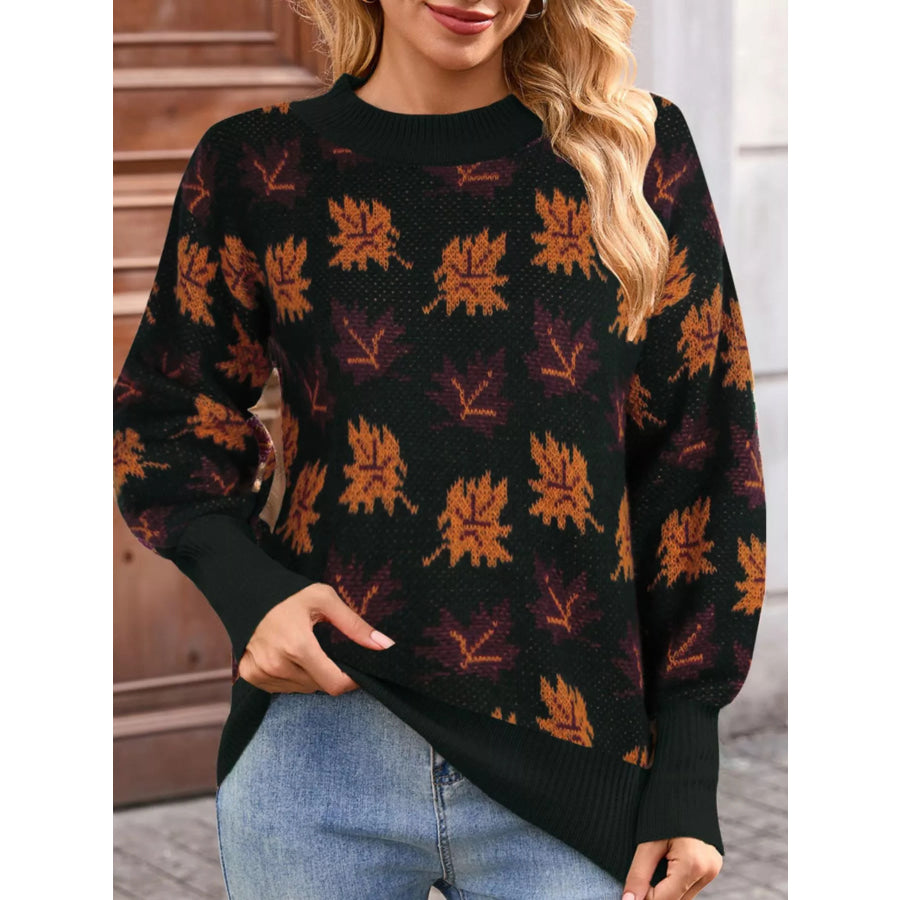 Autumn Leaf Pattern Mock Neck Sweater Black / S Apparel and Accessories