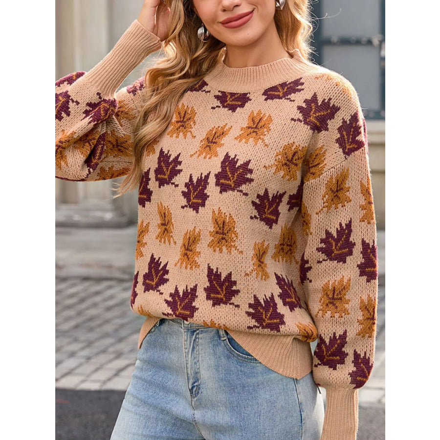 Autumn Leaf Pattern Mock Neck Sweater Khaki / S Apparel and Accessories