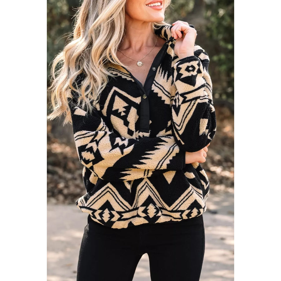 Aztec Print Fleece Snap Down Sweatshirt Black / S Apparel and Accessories