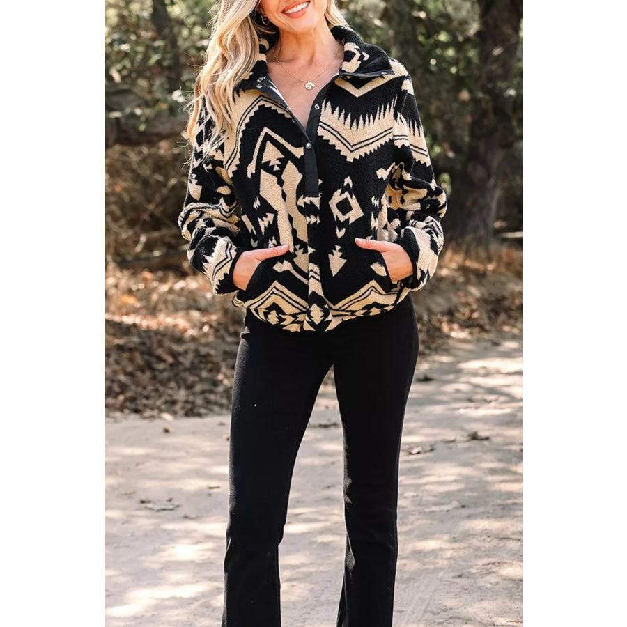 Aztec Print Fleece Snap Down Sweatshirt Black / S Apparel and Accessories