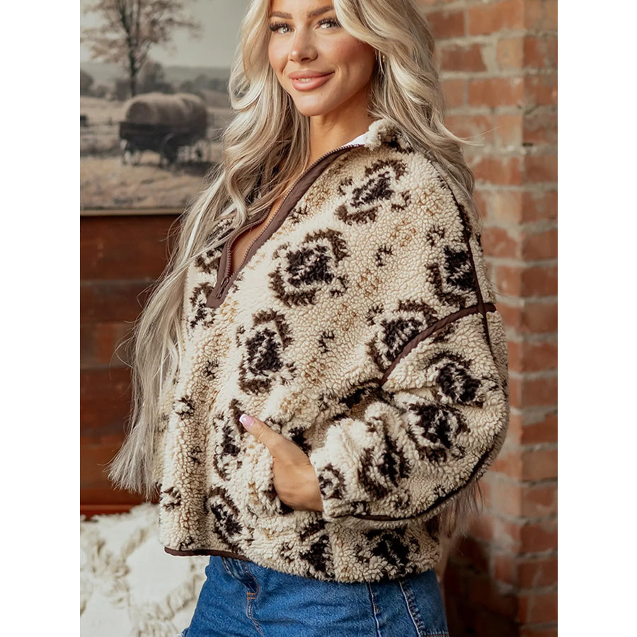 Aztec Print Quarter-Zip Sherpa Sweatshirt Apparel and Accessories