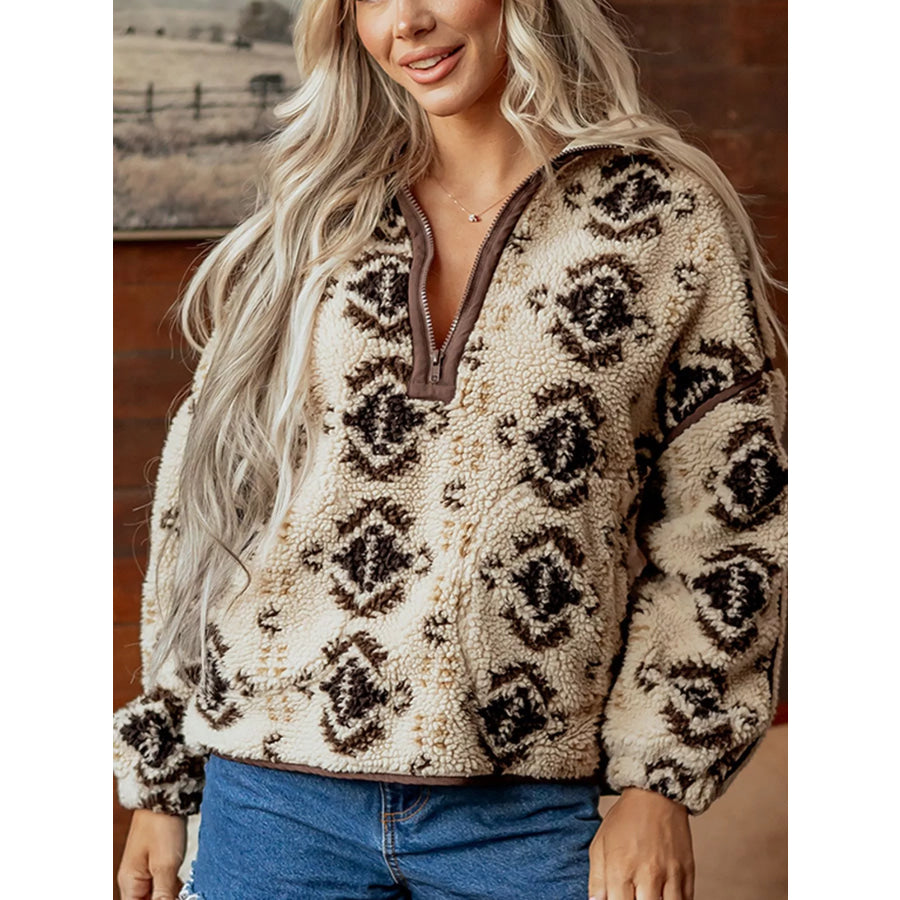 Aztec Print Quarter-Zip Sherpa Sweatshirt Apparel and Accessories
