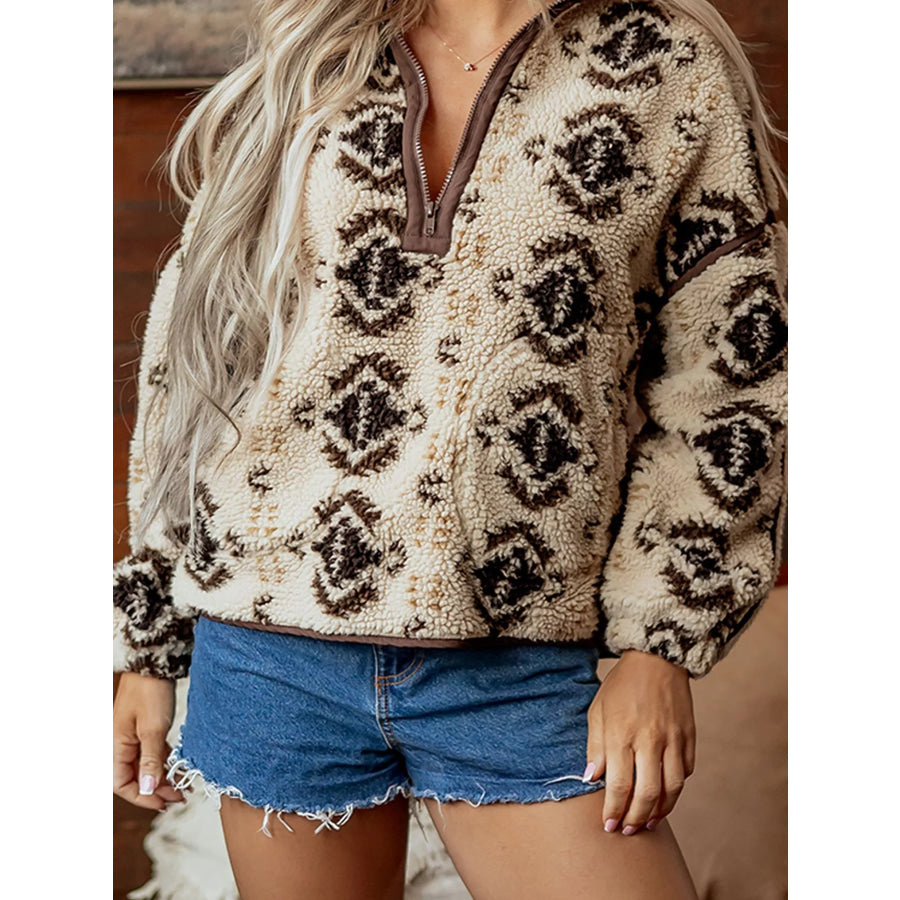 Aztec Print Quarter-Zip Sherpa Sweatshirt Apparel and Accessories