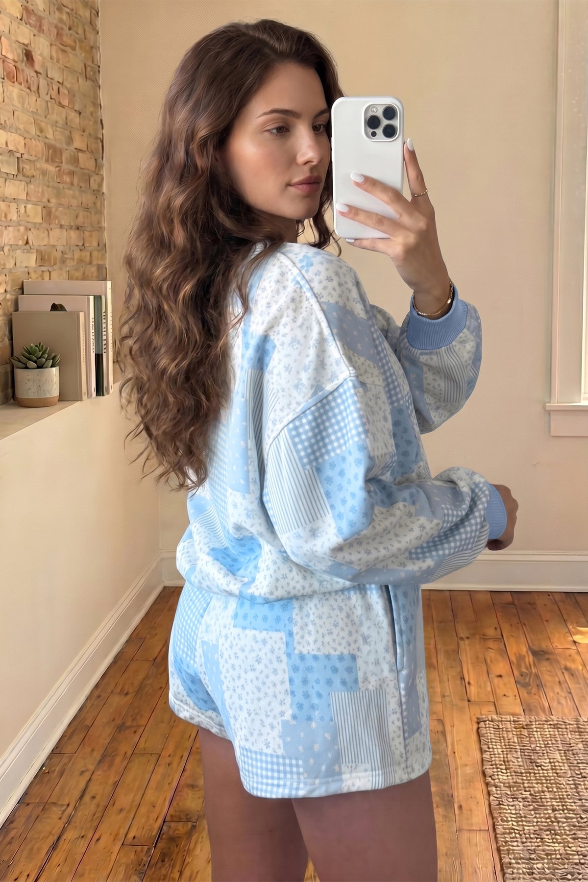 Light Pink Patchwork Floral Print Drop Shoulder Baggy Pullover Drawstring Shorts Set