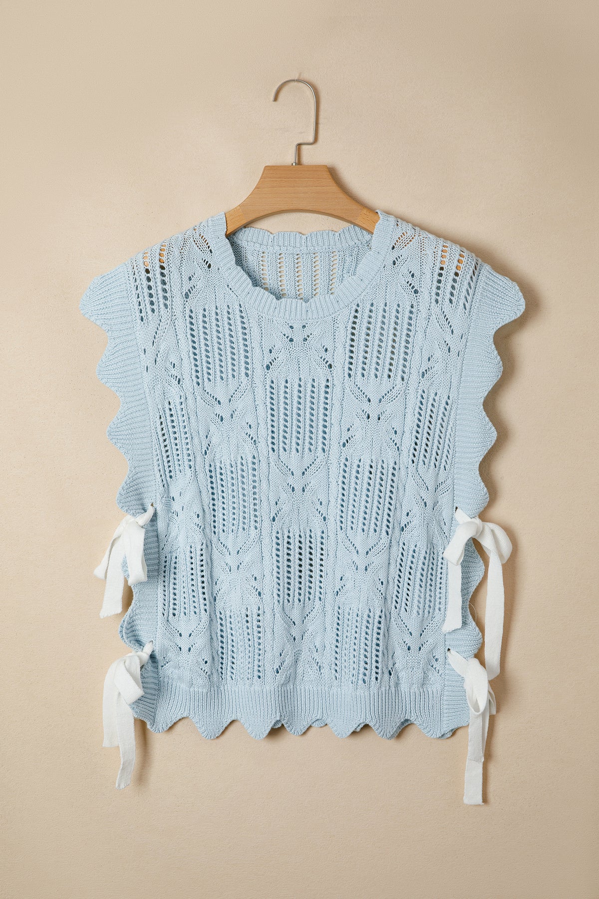 Bonbon Pointelle Knit Patterned Scalloped Trim Short Sleeve Sweater