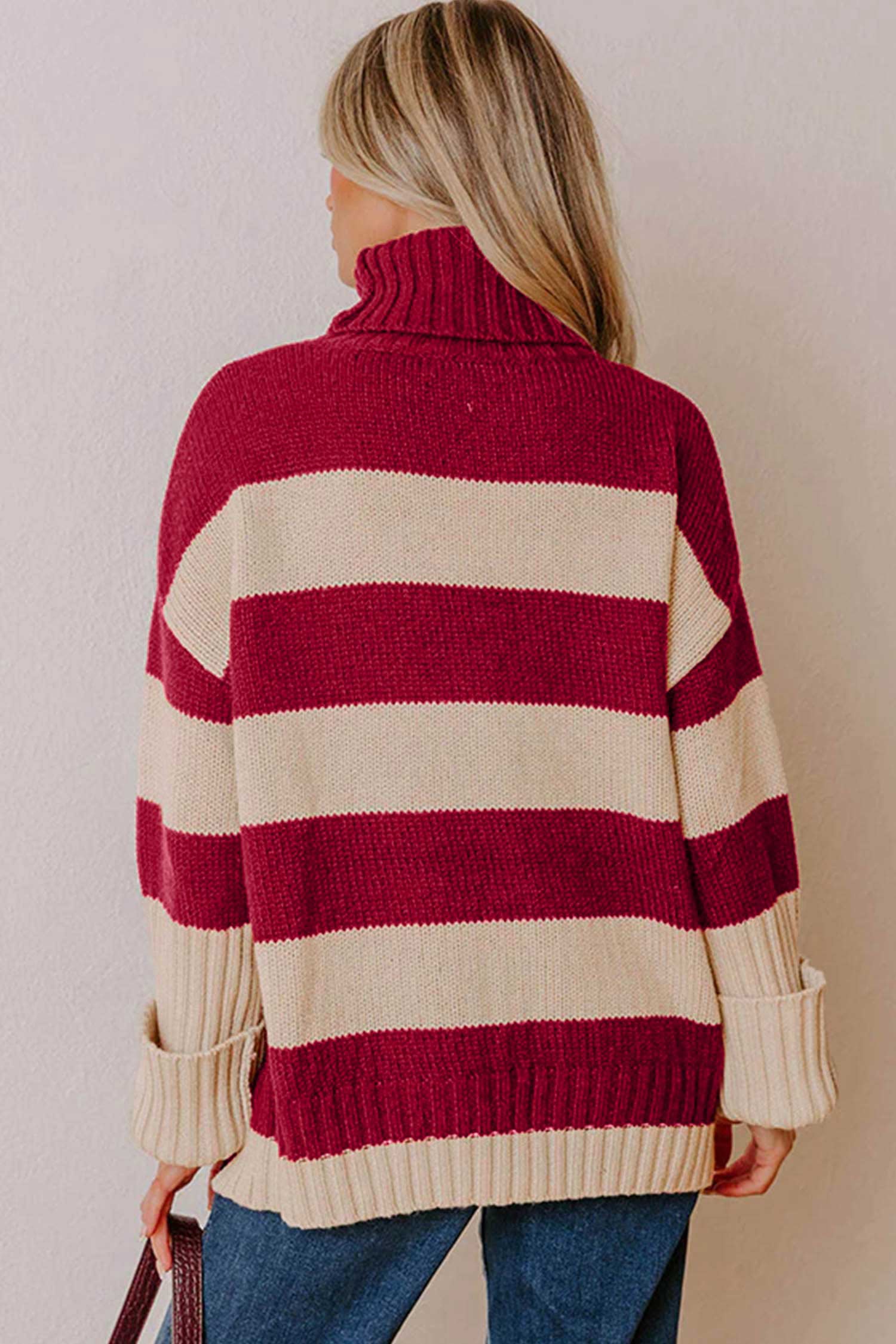 Red Stripe Ribbed Trim High Neck Relaxed Pullover Sweater Sweaters & Cardigans/Sweaters