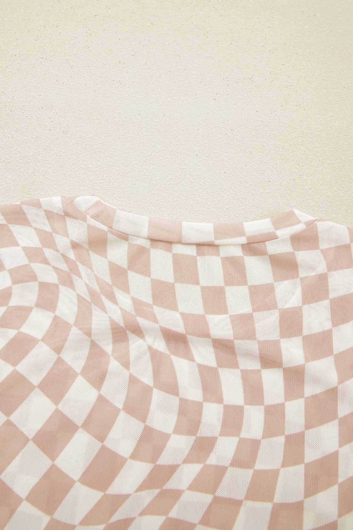 Khaki Checkered Print Mock Neck Mesh T Shirt