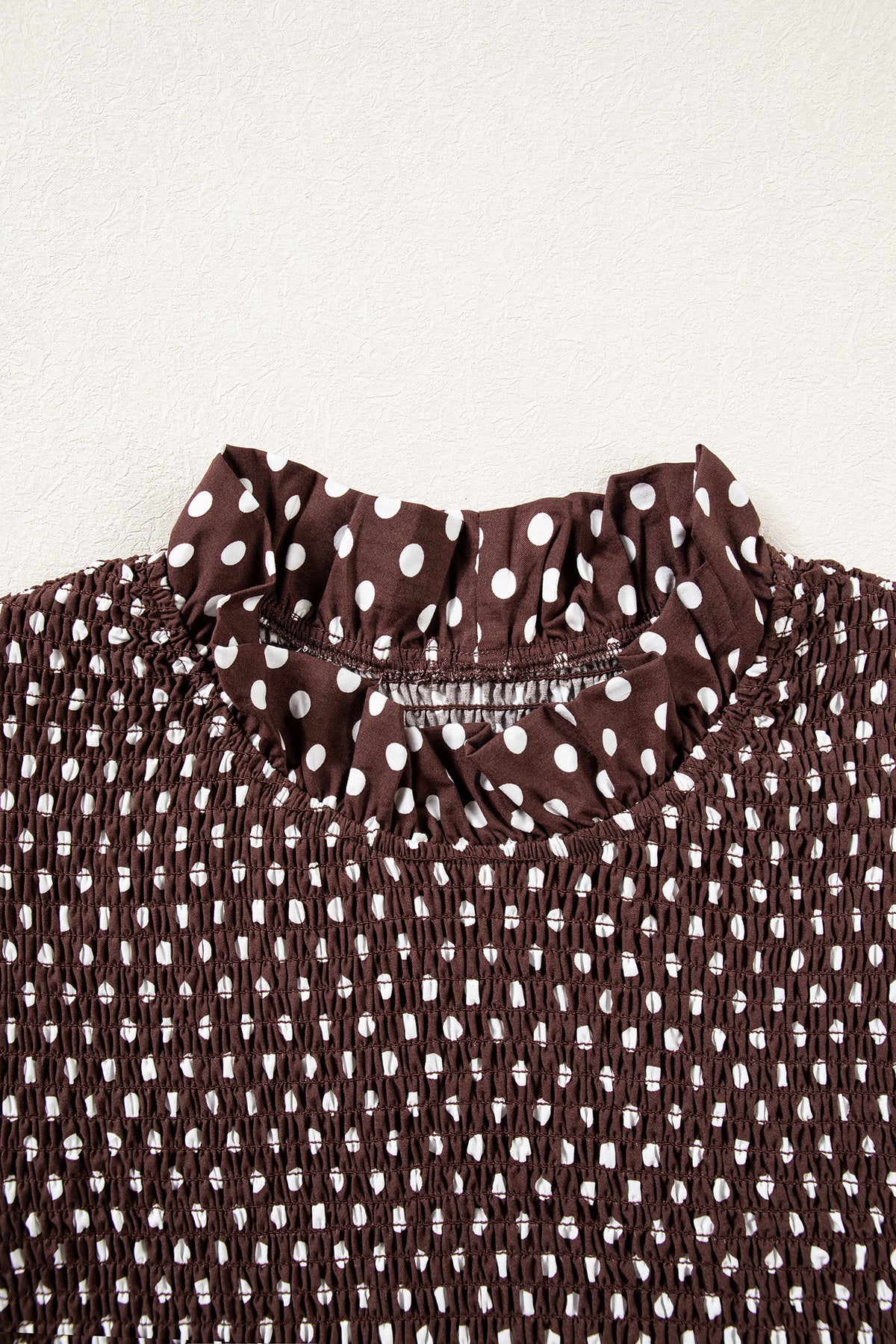 Brown Polka Dot Ruffled High Neck Shirred Ruffle Hem Blouse