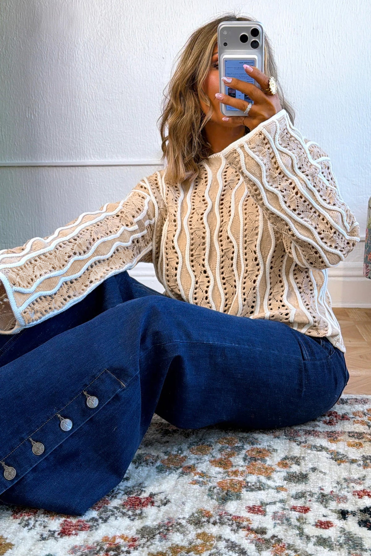Khaki Wavy Detail Hollow Out Knit Long Sleeve Cotton Pullover Sweater