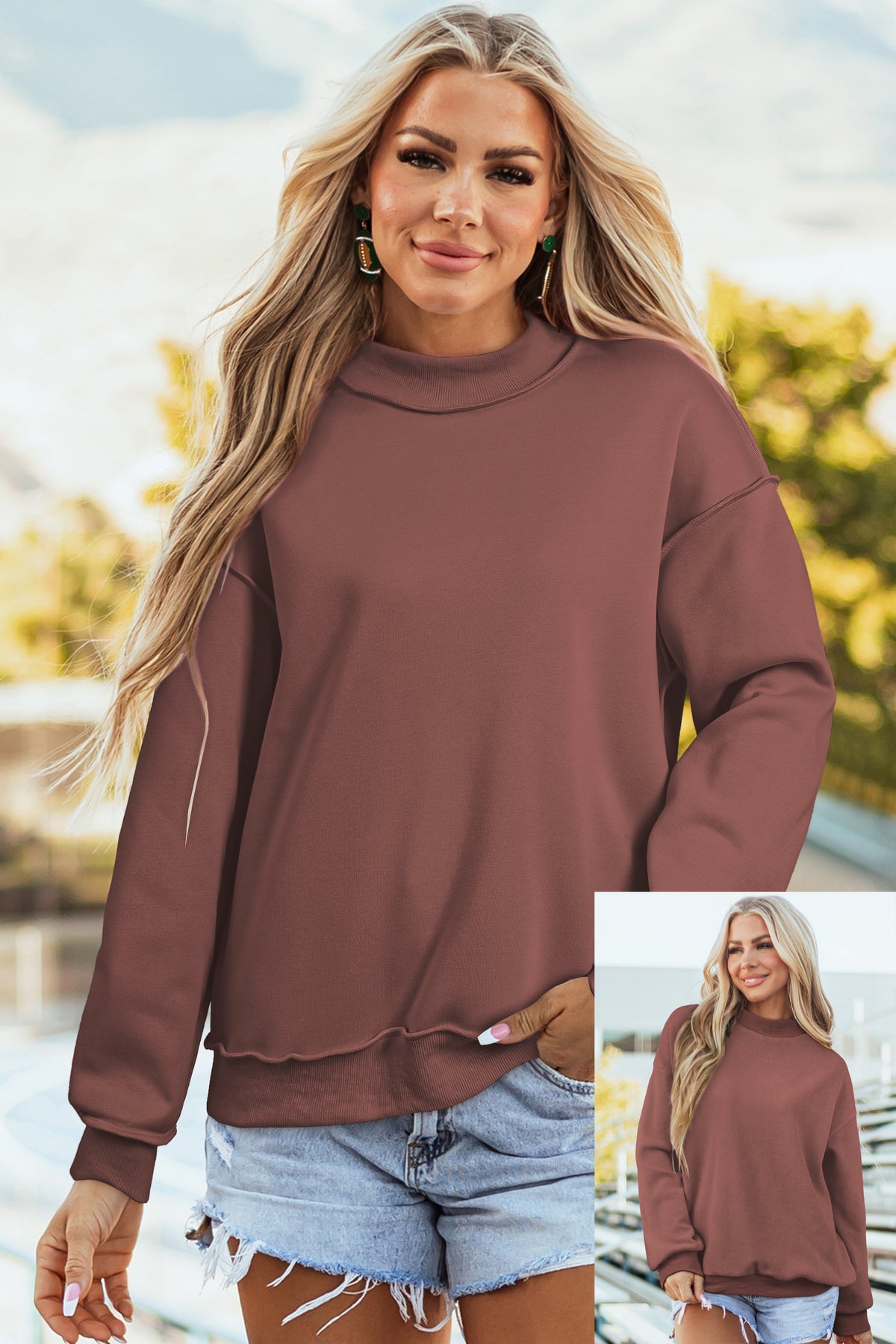 Bluing Oversize Drop Shoulder Reversible Mock Neck Sweatshirt
