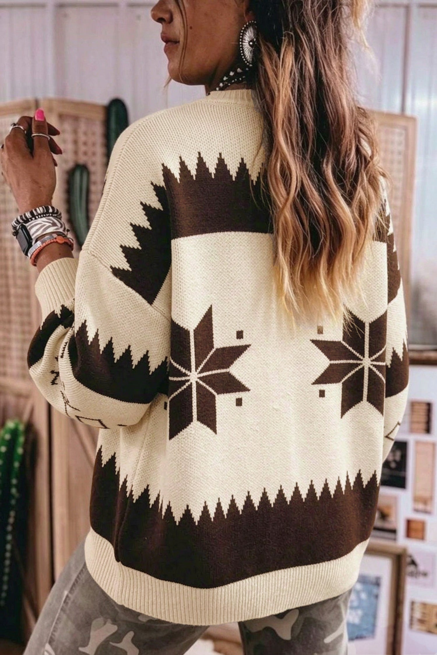 Beige Western Geometric Print Zip Front Loose Sweater Cardigan Sweaters & Cardigans/Cardigans