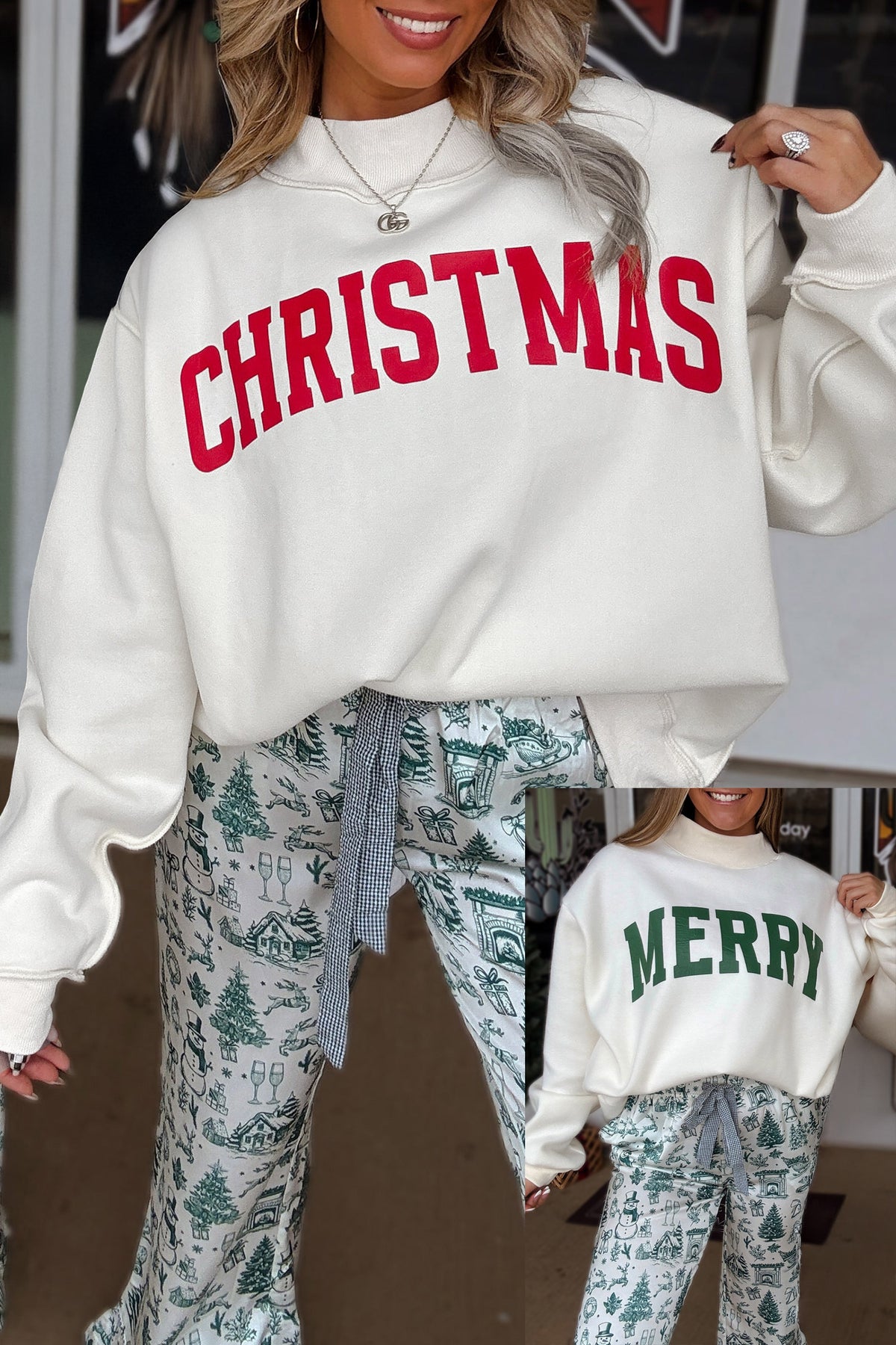 Fiery Red MERRY/CHRISTMAS Reversible Print Mock Neck Baggy Pullover Sweatshirt