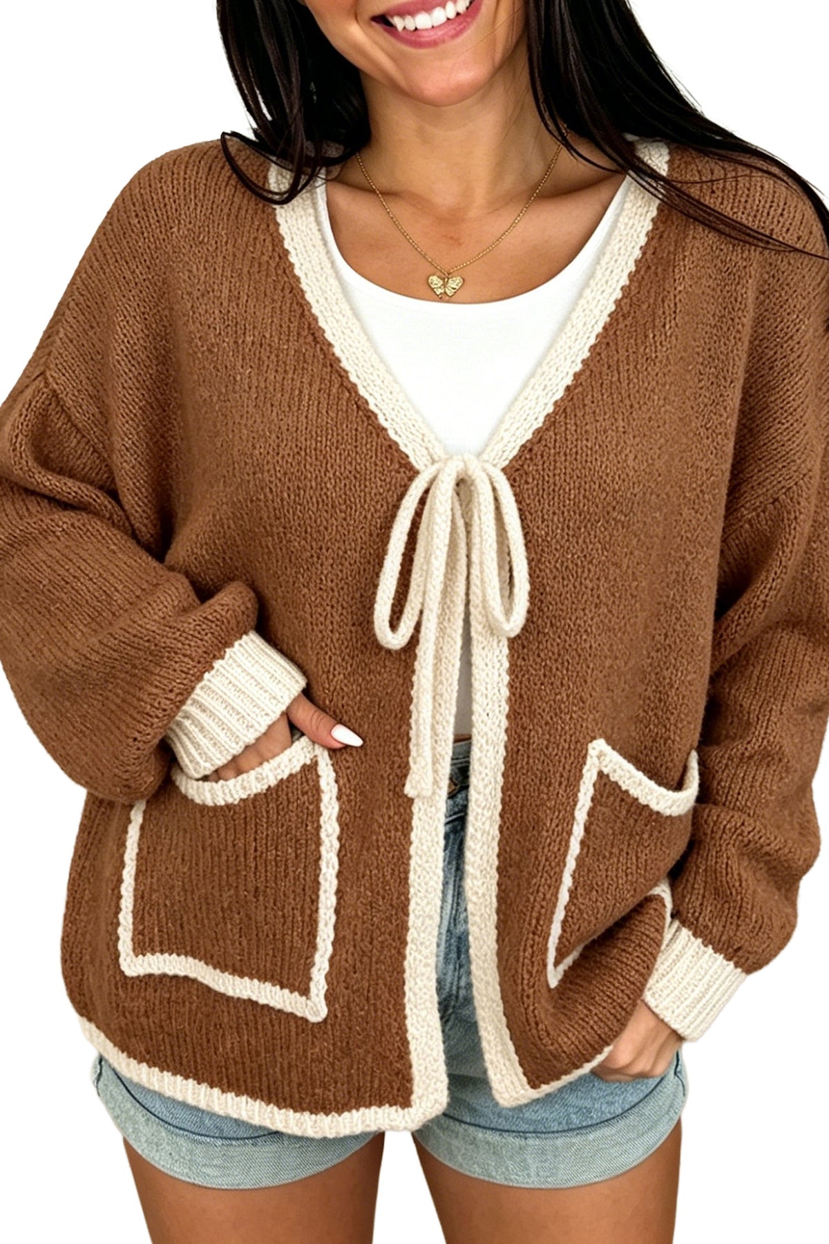 Apricot Contrast Trim V-Neck Tie Front Loose Sweater Cardigan