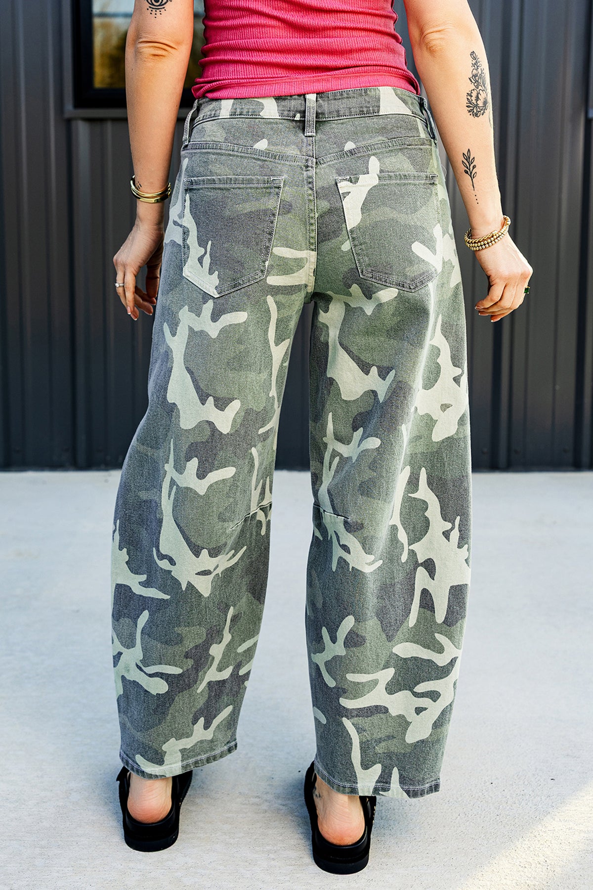 Green Camo Print Button Fly Straight Leg Ankle Length Jeans