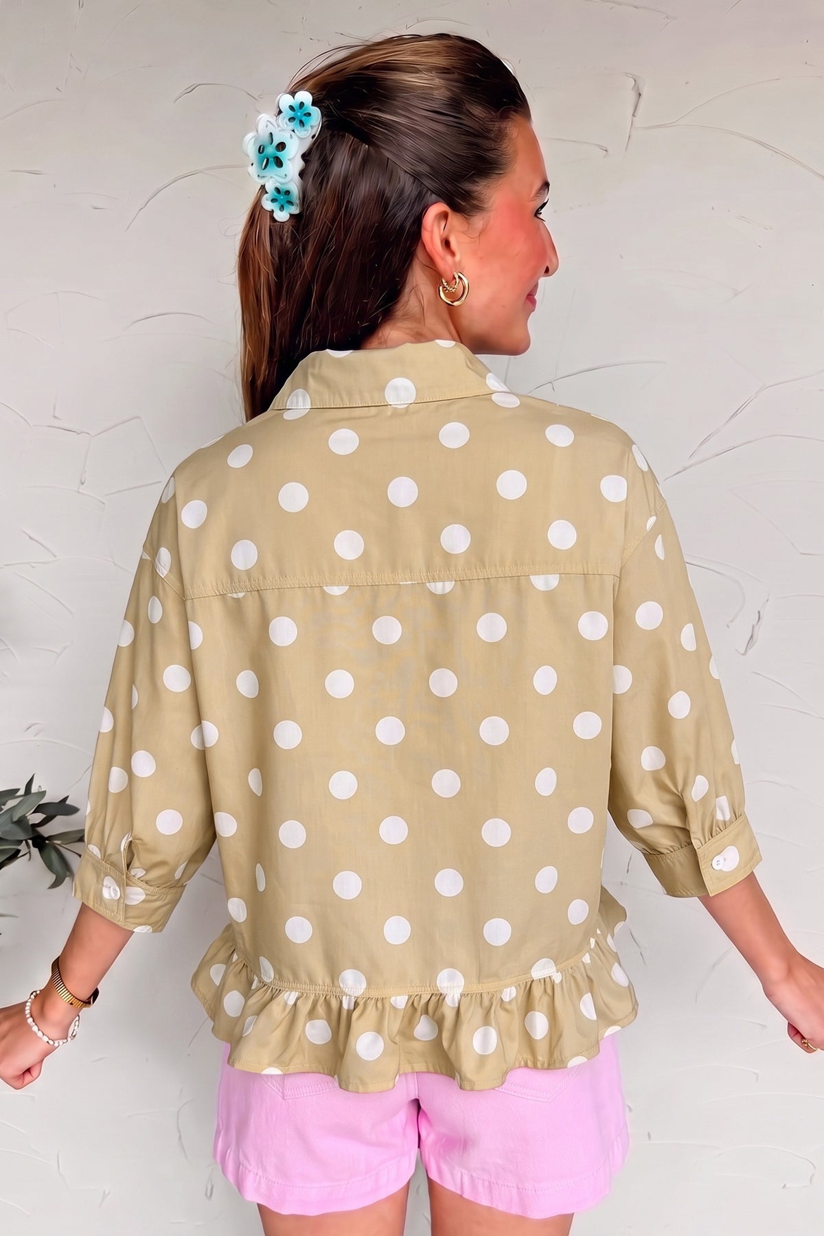 White Polka Dot Print Three Quarter Sleeve Ruffle Hem Casual Shirt