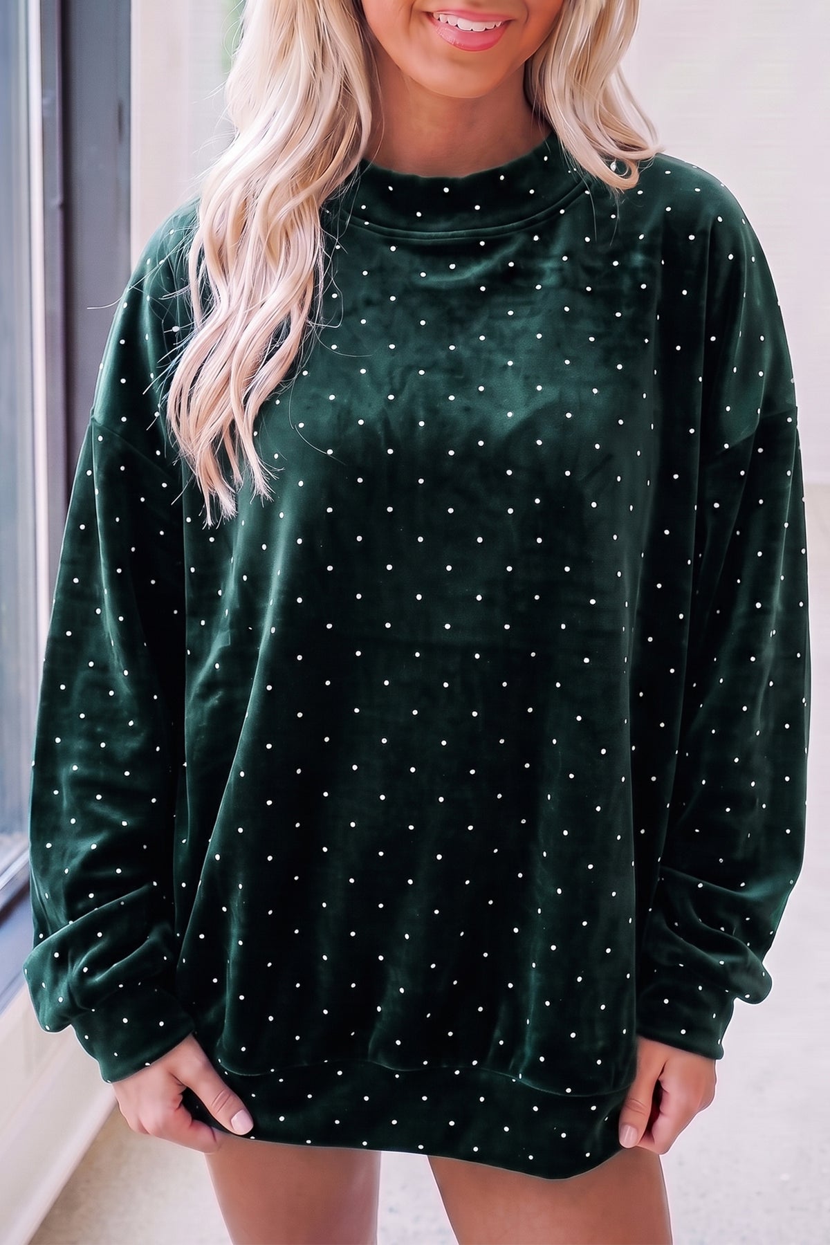 Red Velvet Polka Dot High Neck Tunic Pullover Sweatshirt