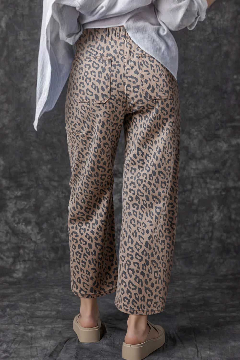 Green Leopard Printed Drawstring Elastic Waistband Pocketed Barrel Jeans