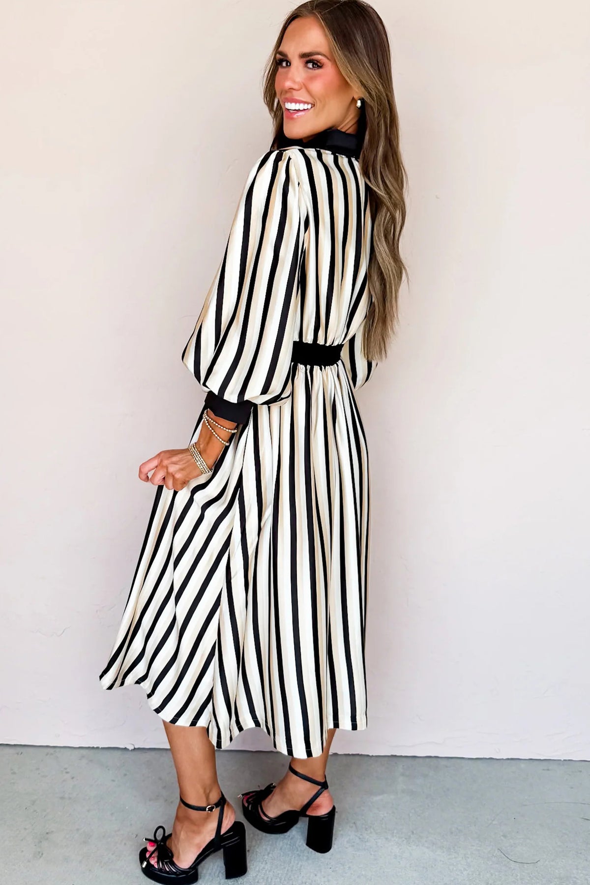 Black Stripe 3/4 Puff Sleeve Shirt Style Button Down Midi Dress