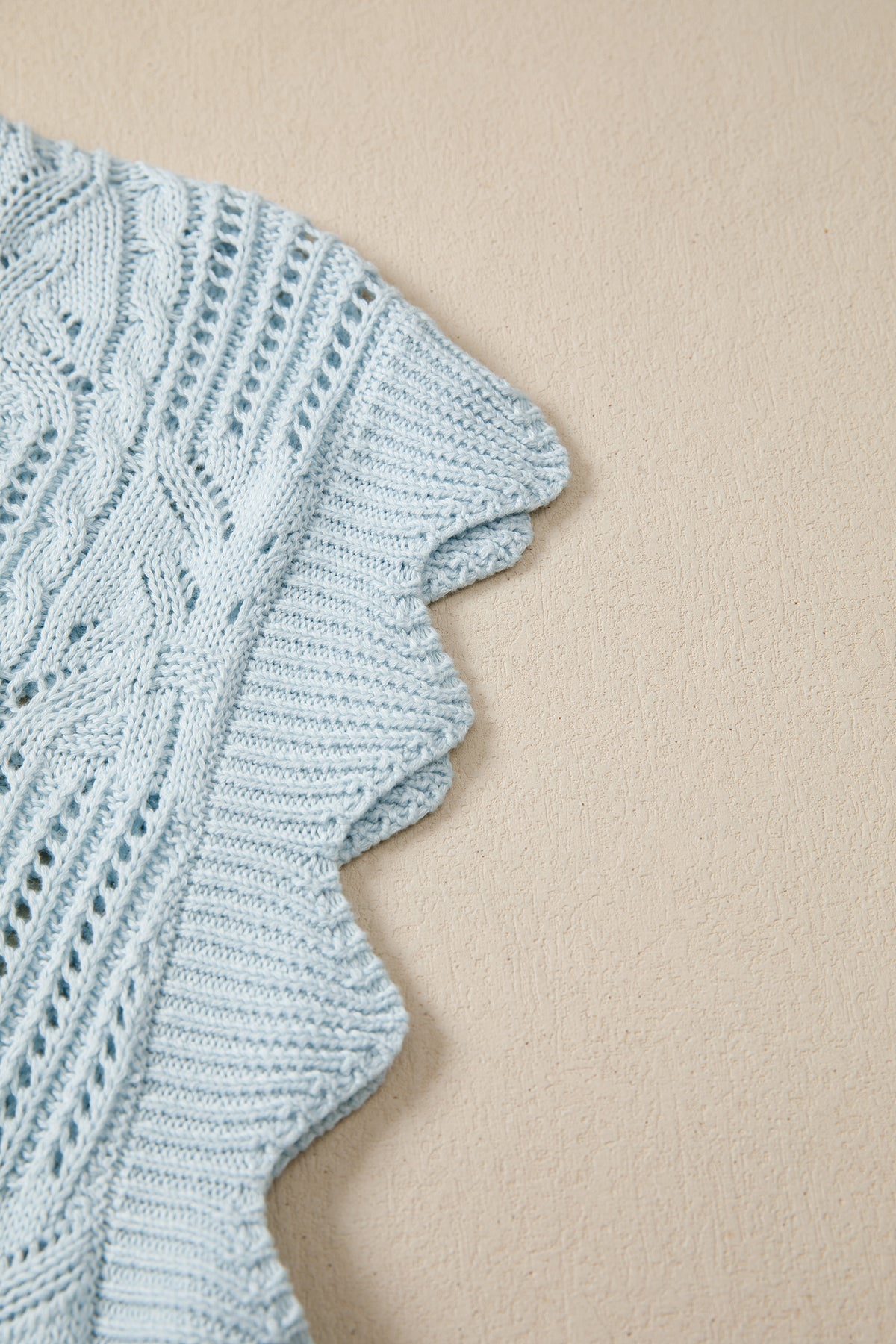 Bonbon Pointelle Knit Patterned Scalloped Trim Short Sleeve Sweater