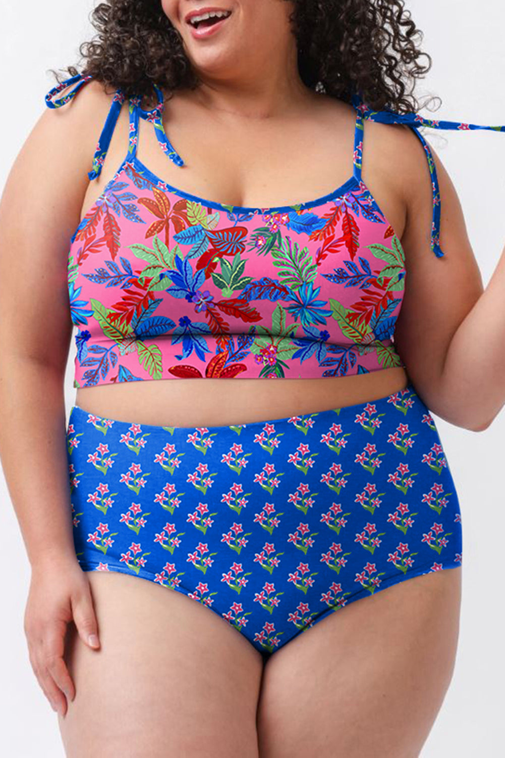 Blue Fashion Print Tied Straps Crop Vest and High Waist Plus Size Bikini Blue / 1X / 85% Polyester + 15% Elastane Plus Size/Plus Size