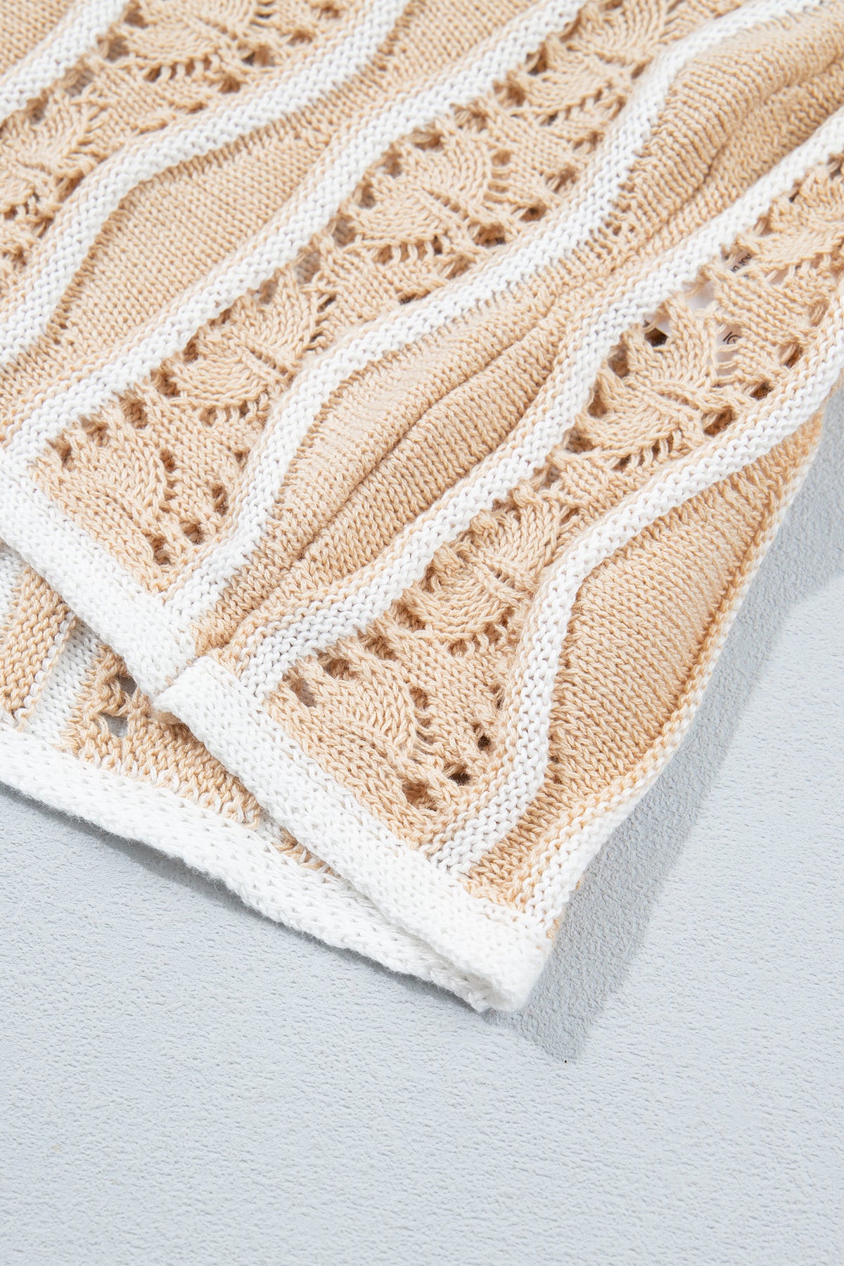 Khaki Wavy Detail Hollow Out Knit Long Sleeve Cotton Pullover Sweater