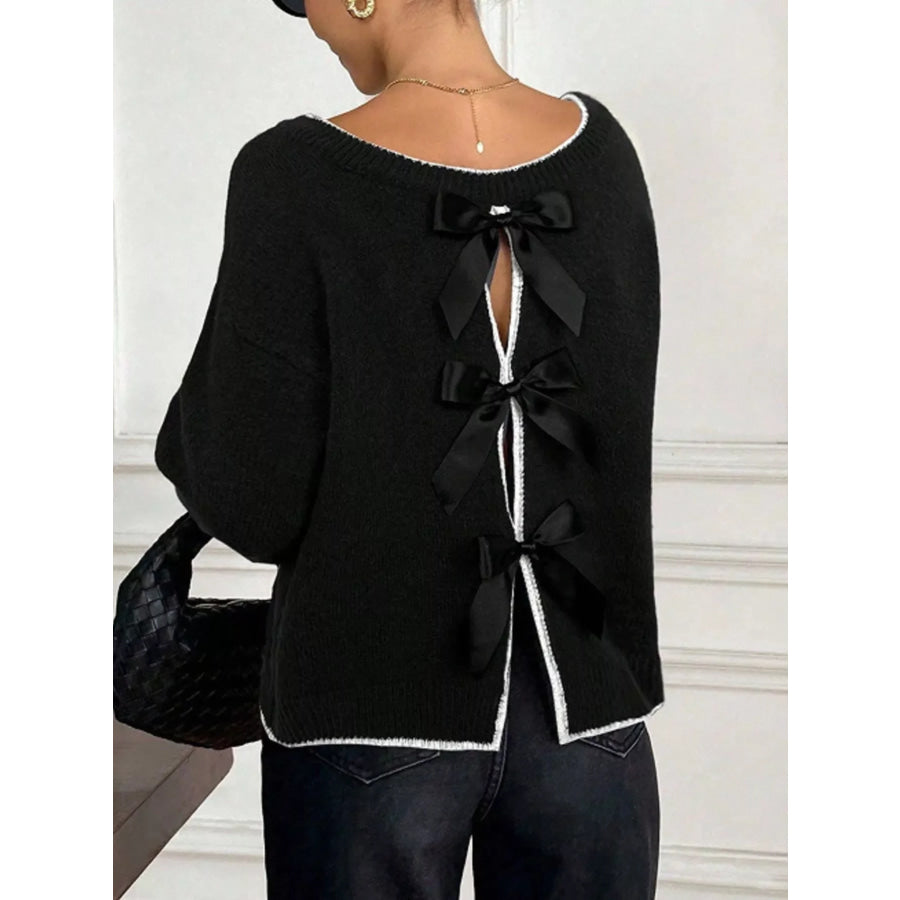 Back Bowknot Decor Round Neck Sweater Apparel and Accessories