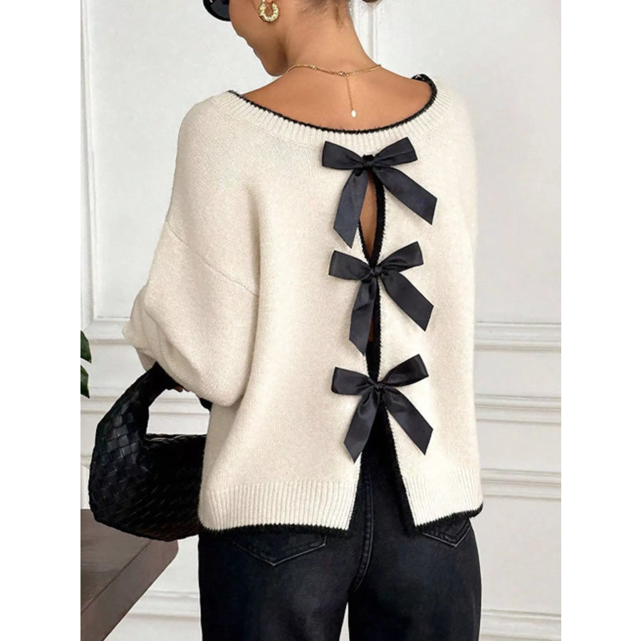 Back Bowknot Decor Round Neck Sweater Apricot / S Apparel and Accessories