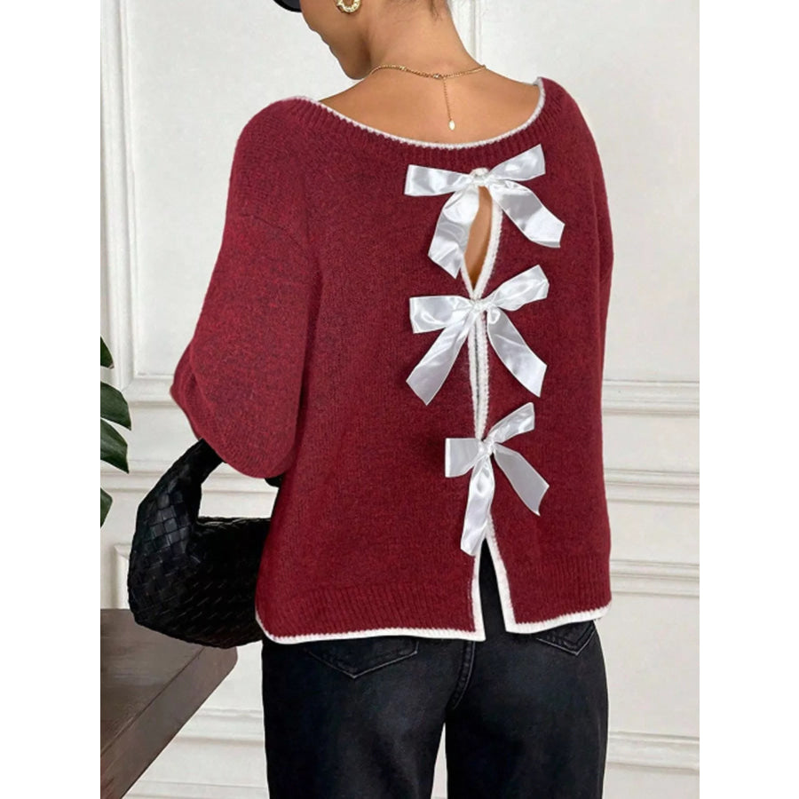 Back Bowknot Decor Round Neck Sweater Burgundy / S Apparel and Accessories