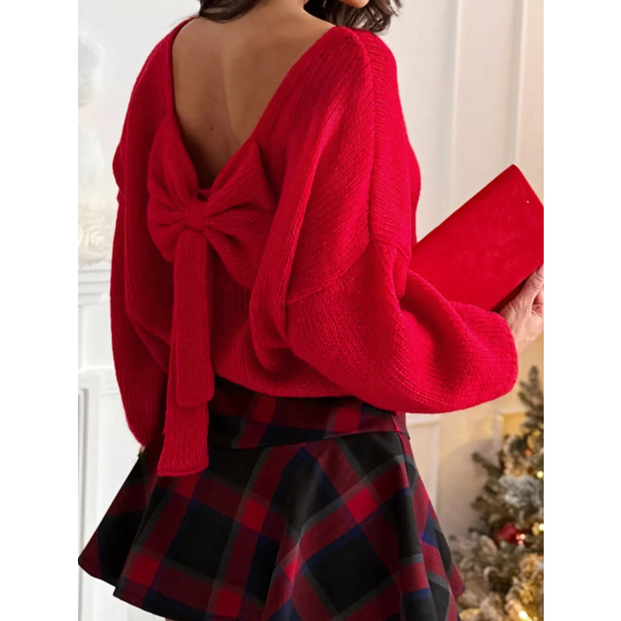 Back Bowknot Long Sleeve Sweater Deep Red / S Apparel and Accessories