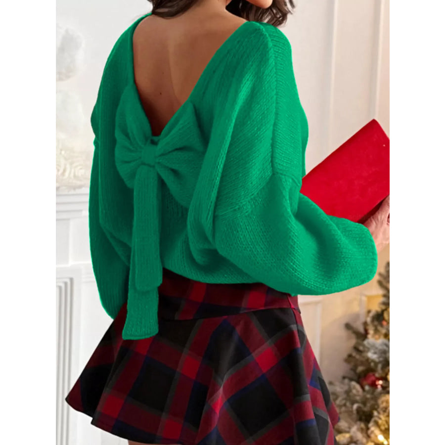 Back Bowknot Long Sleeve Sweater Green / S Apparel and Accessories