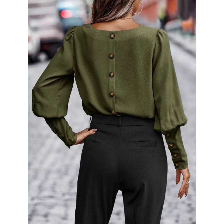 Back Button Lantern Sleeve Blouse Apparel and Accessories