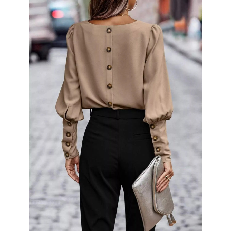 Back Button Lantern Sleeve Blouse Apparel and Accessories