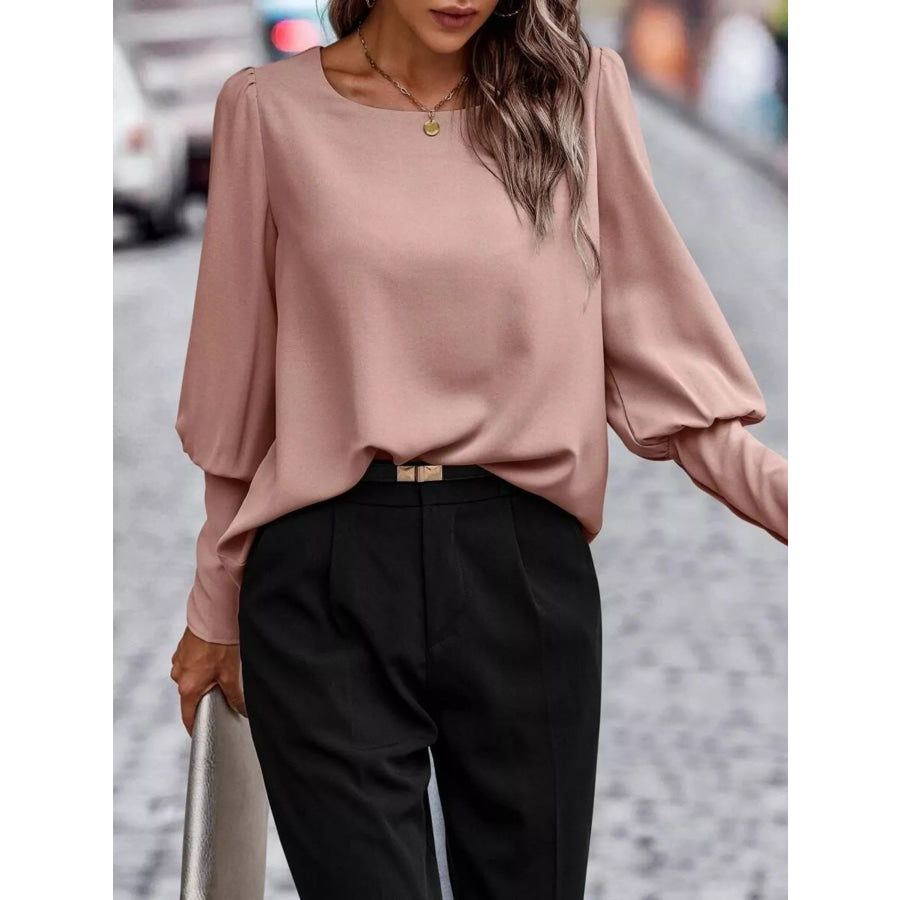Back Button Lantern Sleeve Blouse Apparel and Accessories