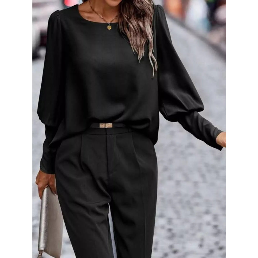 Back Button Lantern Sleeve Blouse Apparel and Accessories
