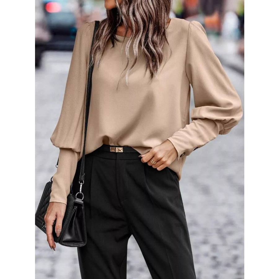Back Button Lantern Sleeve Blouse Apparel and Accessories