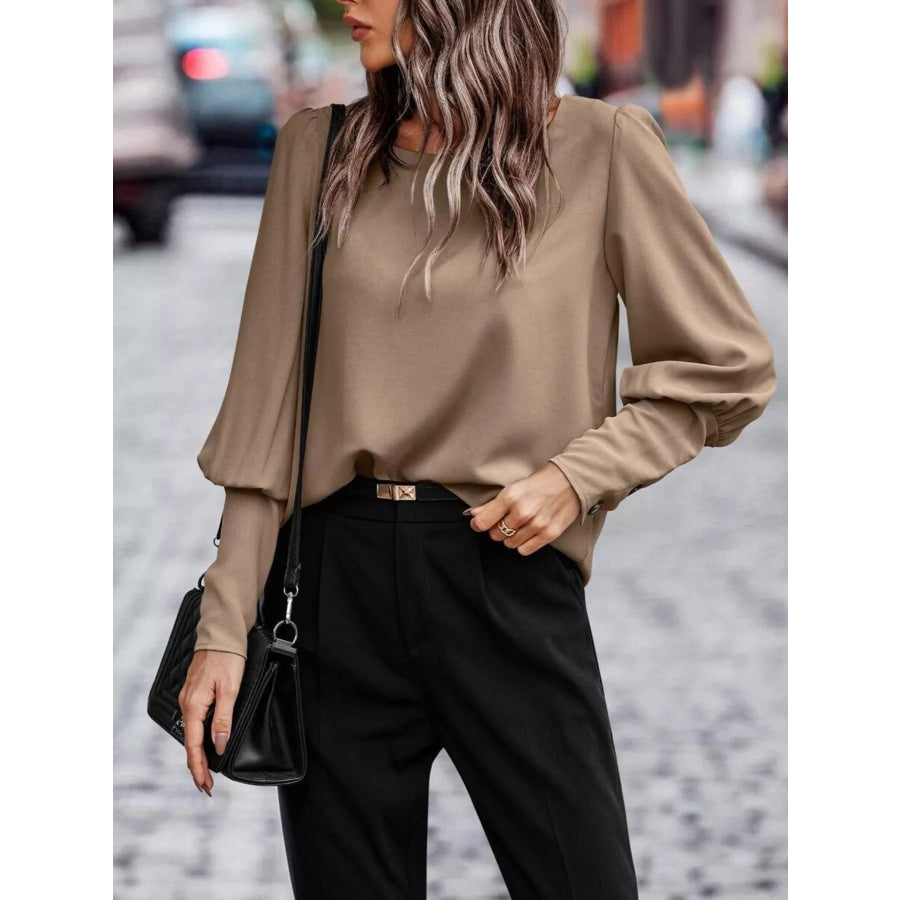 Back Button Lantern Sleeve Blouse Apparel and Accessories